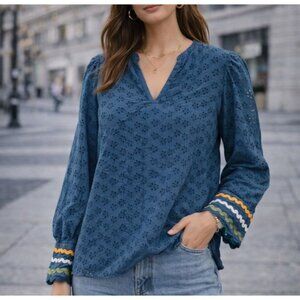 Emily Lovelock Hailey Blouse Blue Eyelet Broderie Size XS Long Sleeve